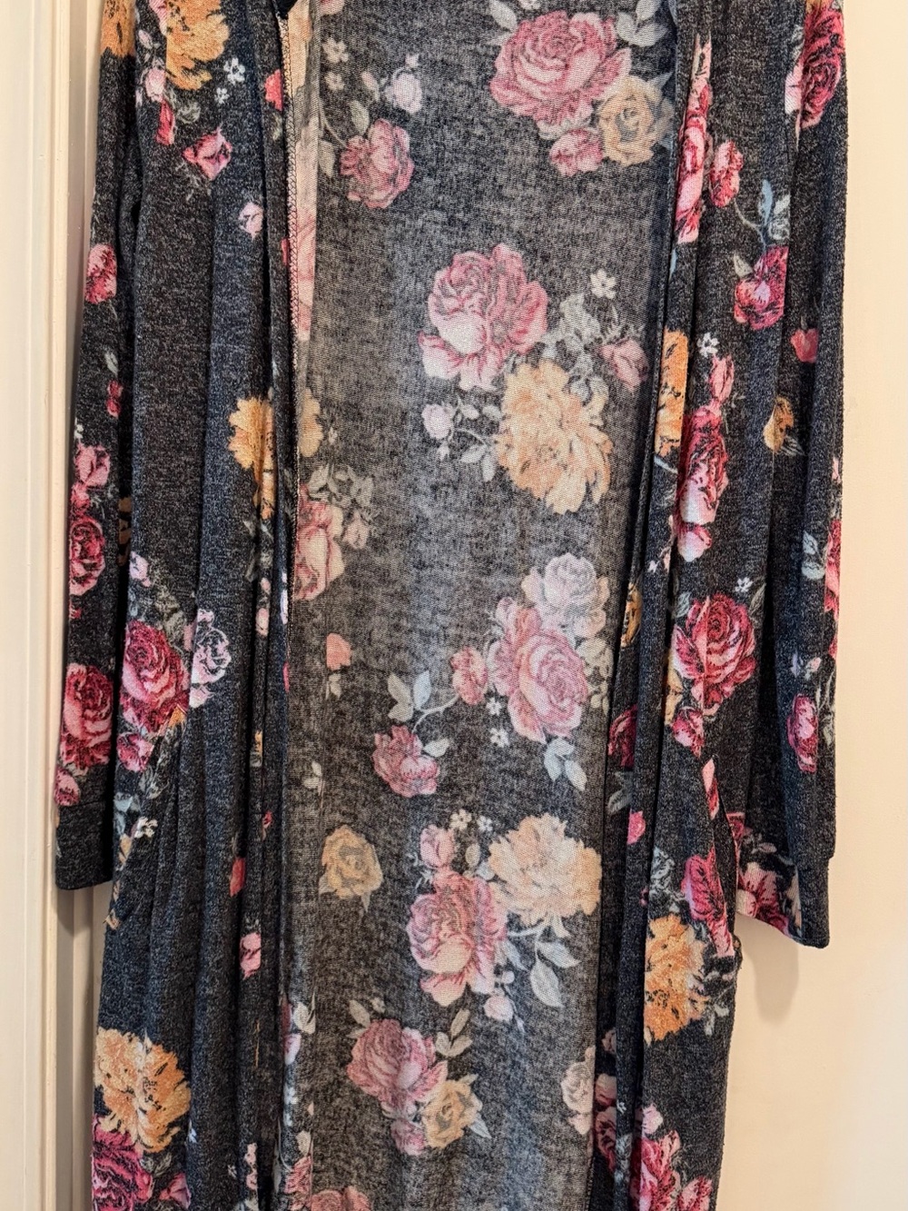 No Boundaries Floral Open-Front Cardigan - Gray with Pink & Yellow Roses